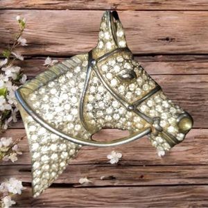 Vintage Race Horse Brooch Rhinestone Crystals 14K Gold Plated Lapel Pin